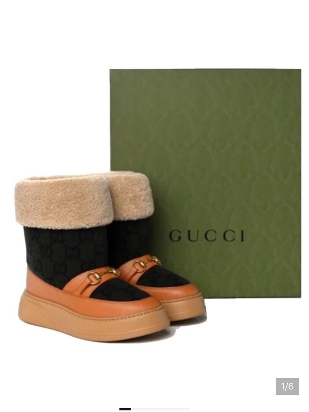 Gucci Interlocking GG Wool
Monogram Shearling Boots Size 39+ NEW In BOX